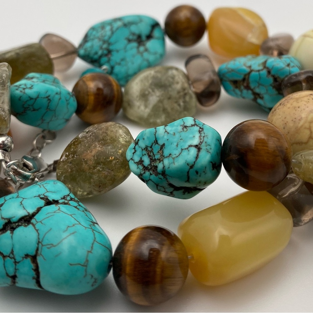 Large Multi Gemstone Strand Statement Necklace 925 Clasp